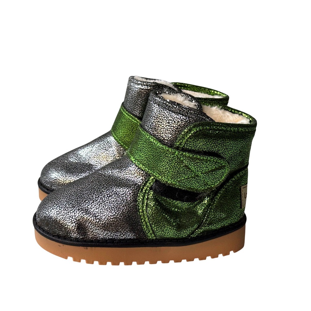 Ld-baby Kids Metallic Silver Green Faux Fur Lined Ankle Boots Size 27